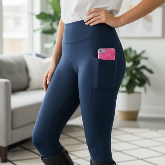 OS NEW Womens Navy Blue Pocket Leggings Buttery Soft Yoga Pants - Picture 10 of 16